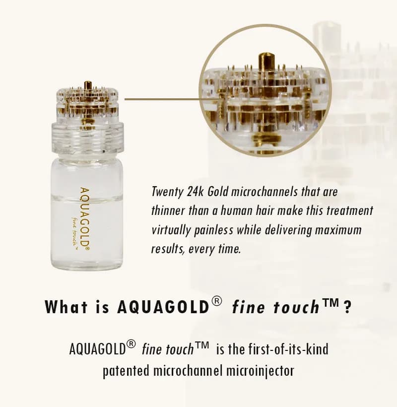 AQUAGOLD fine touch microinjector vial, with a close-up of its twenty 24k gold microchannels.