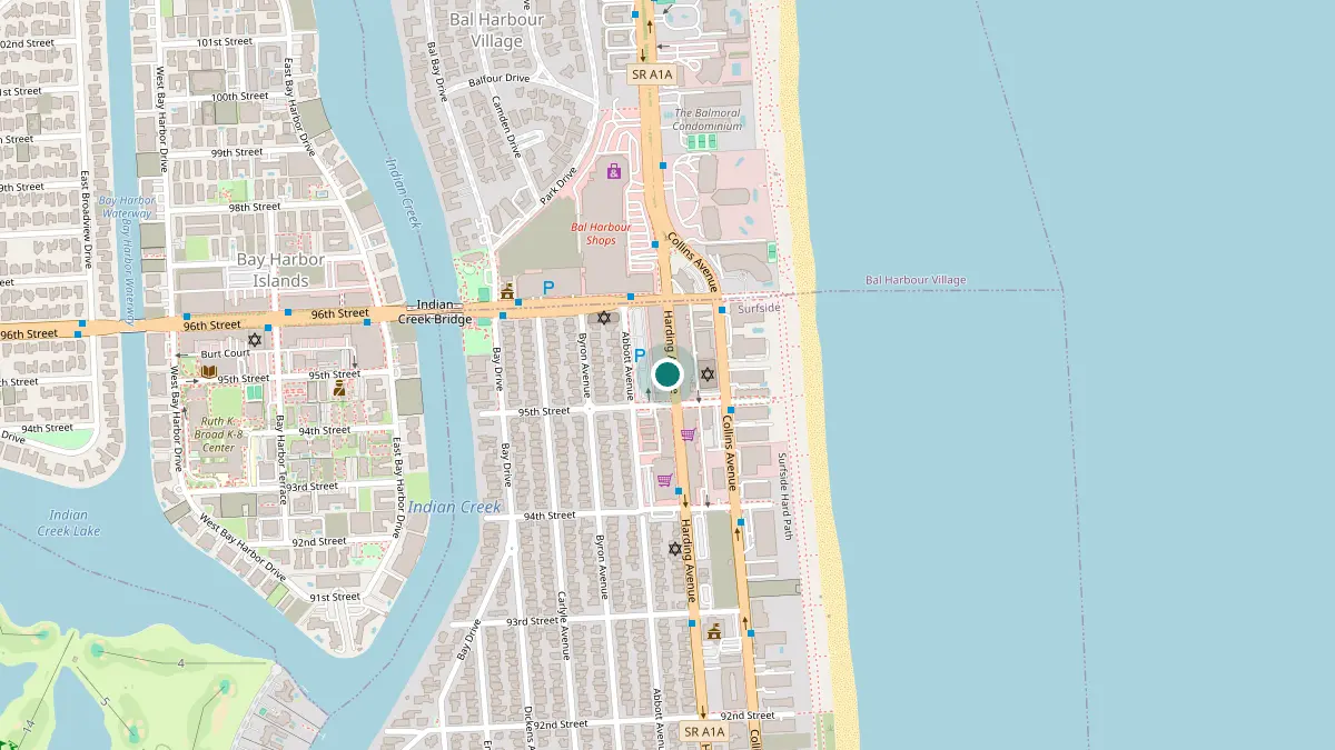 Map showing SJI Dermatology at 9526 Harding Ave, Surfside, FL 33154